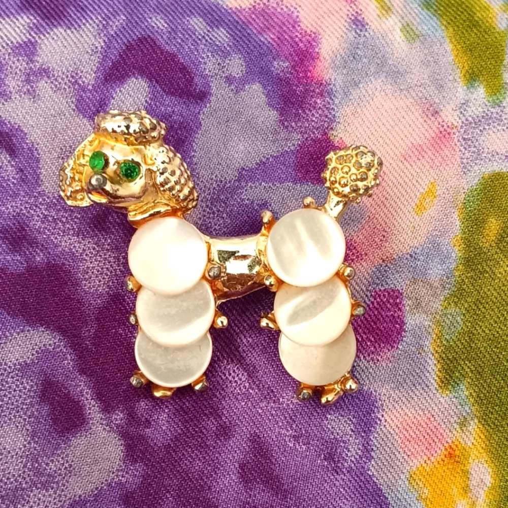 Vintage Gold and White Poodle Brooch